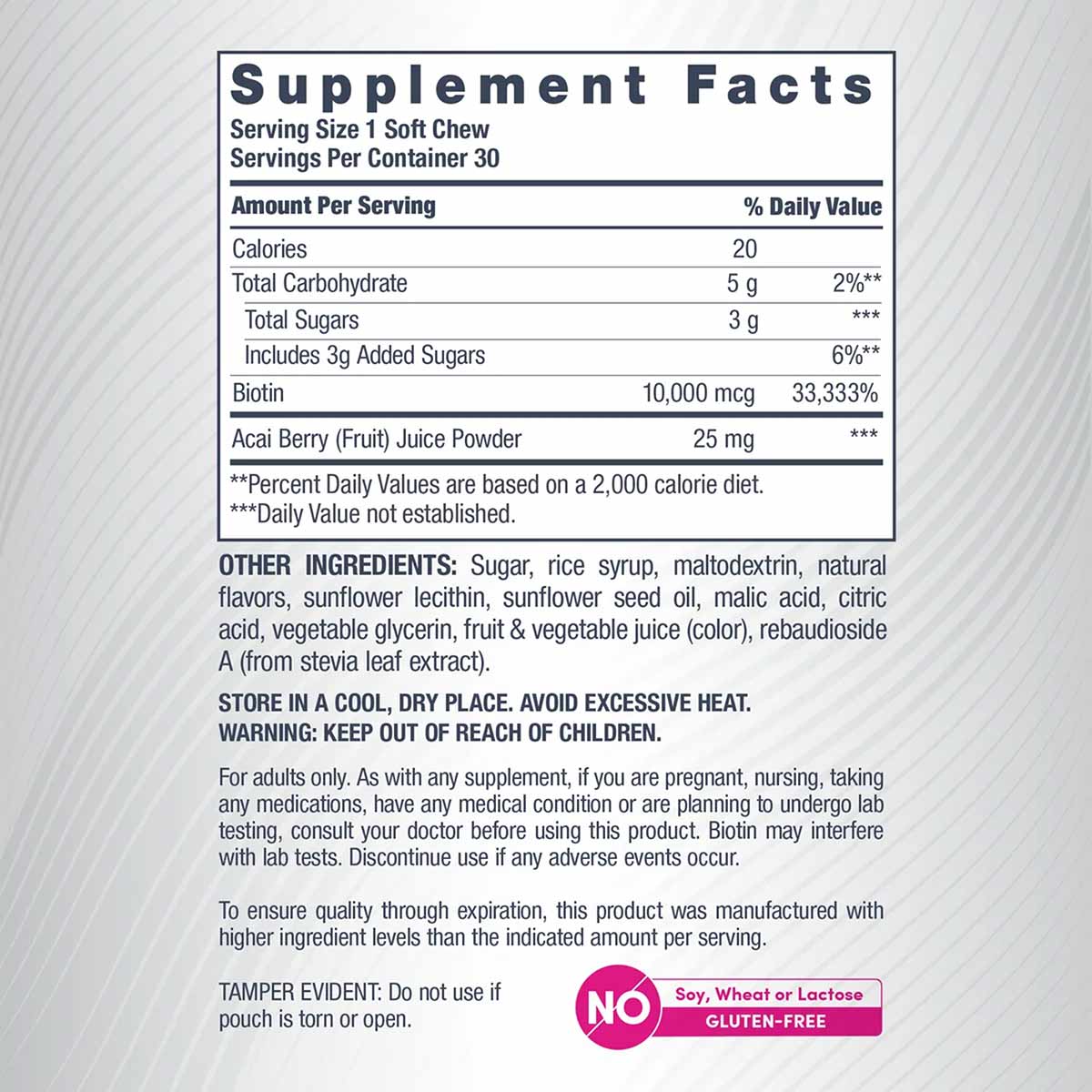 Supplement Facts label for NeoCell Biotin Beauty Soft Chews showing nutritional information, ingredients, and warnings on whi