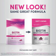 NeoCell Biotin Beauty Soft Chews in acai berry flavor, 30-count bottle shown in new and previous packaging designs.