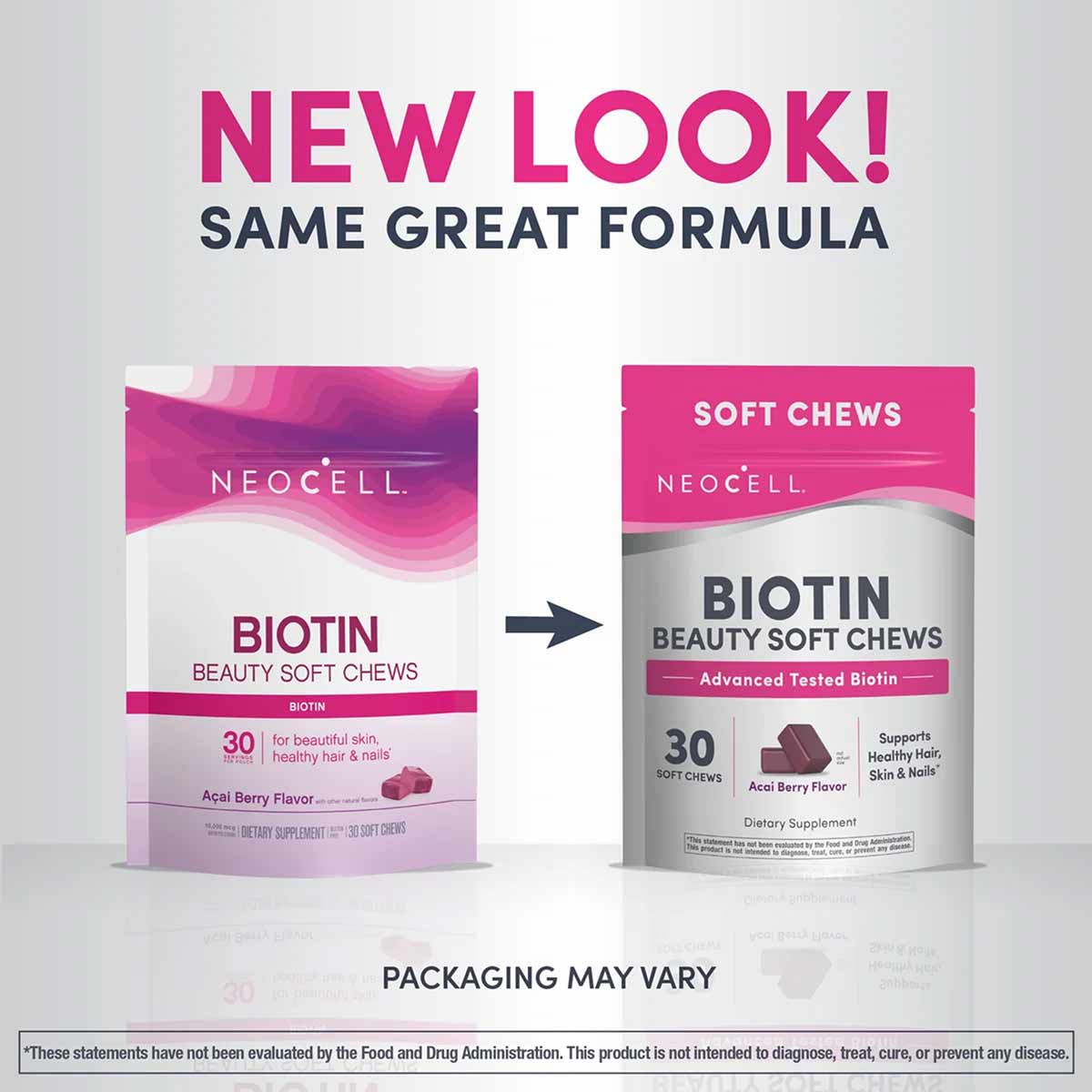 NeoCell Biotin Beauty Soft Chews in acai berry flavor, 30-count bottle shown in new and previous packaging designs.
