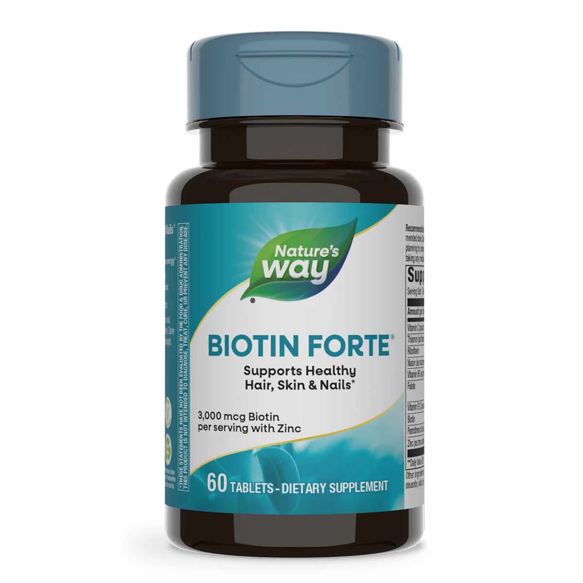Biotin Forte with Zinc dietary supplement bottle by Nature's Way containing 60 tablets with blue cap and label.