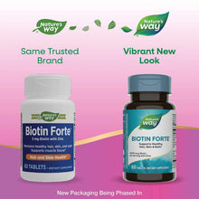 Two Biotin Forte supplement bottles side by side showing old white packaging and new teal packaging design on pink background