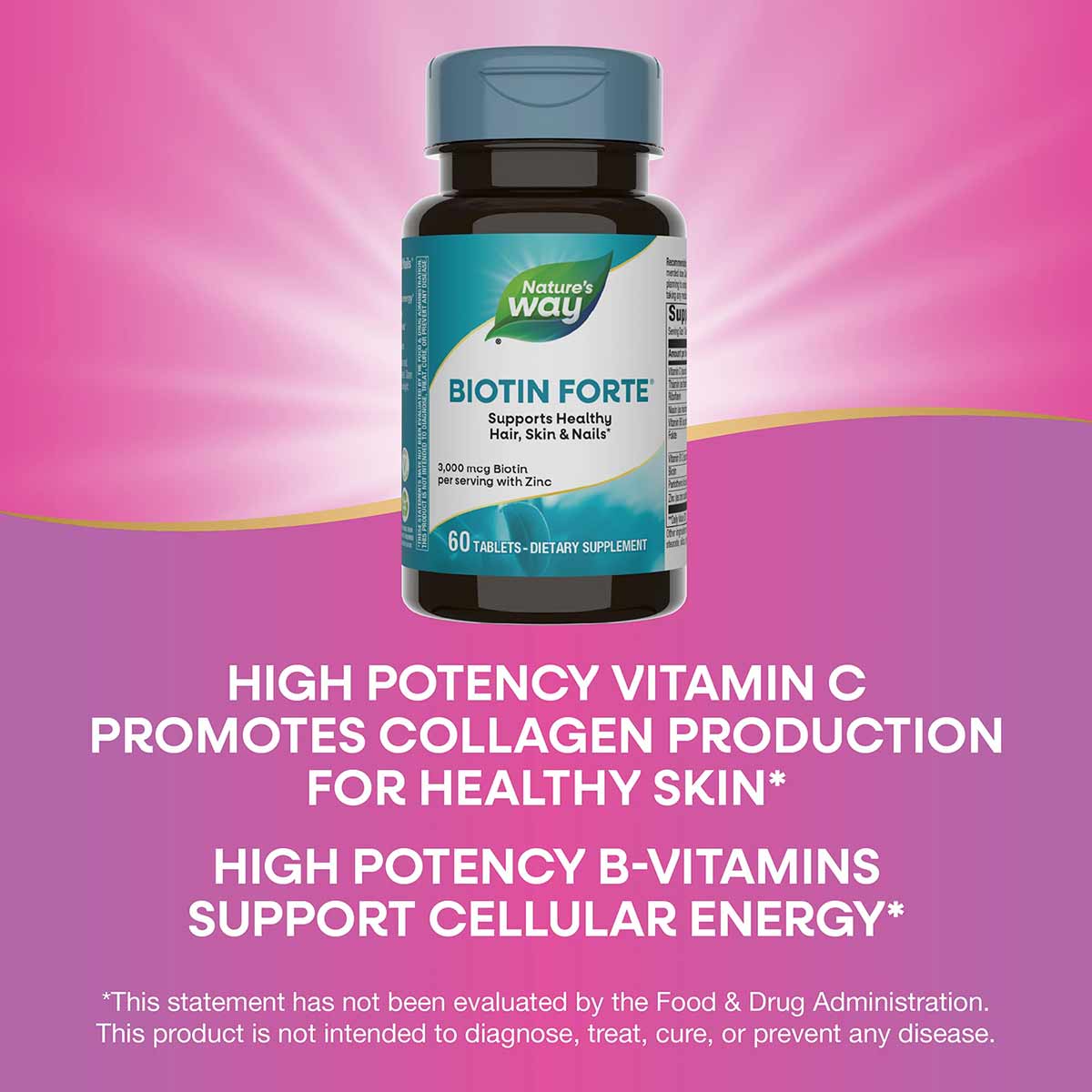 Dark glass bottle with teal cap and Nature's Way Biotin Forte label containing 60 tablets on pink background.