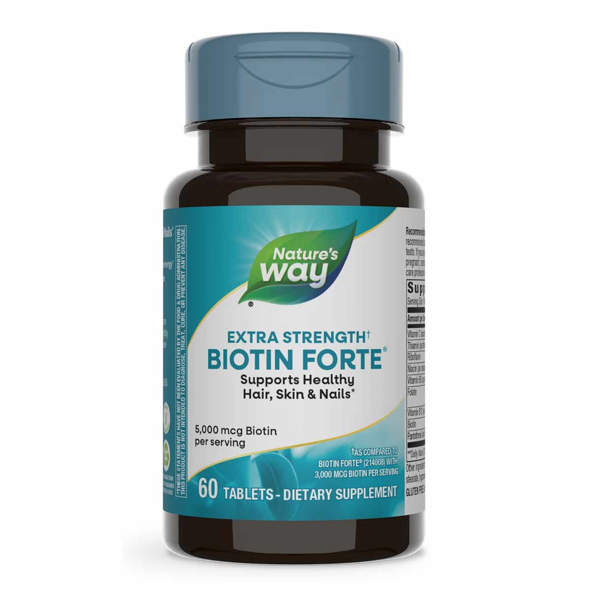 Nature's Way Extra Strength Biotin Forte supplement bottle with blue cap and label, containing 60 tablets.