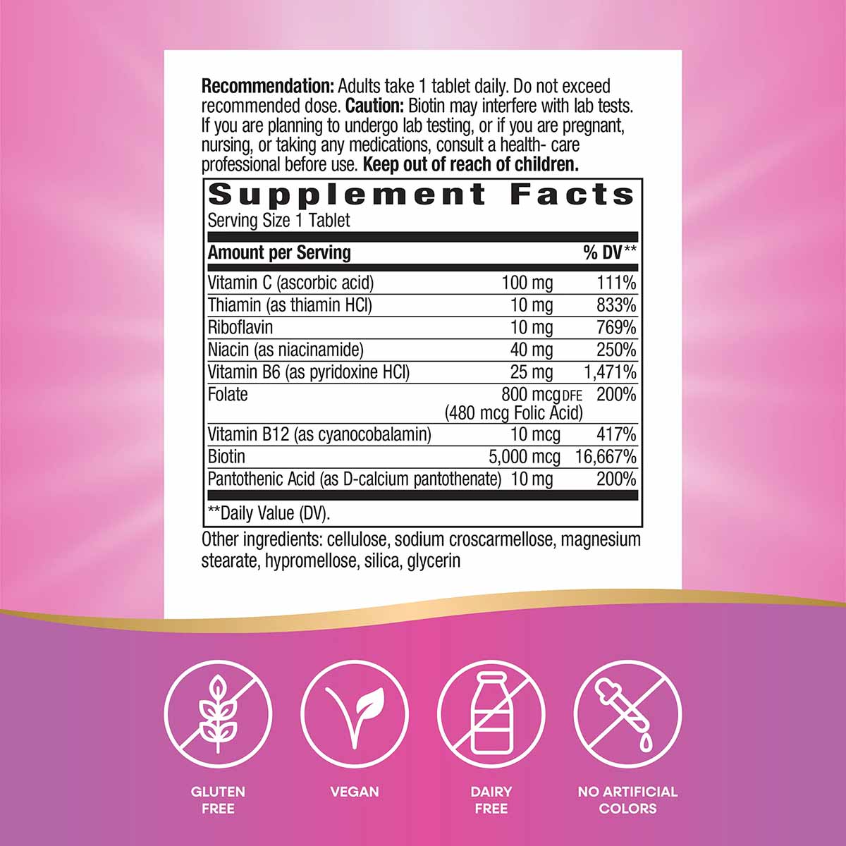 Supplement Facts label showing Biotin Forte tablet ingredients including 5,000 mcg biotin, B vitamins, and vitamin C on pink 