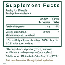 Supplement Facts label for Black Cohosh 60 Liquid Phyto Caps showing 400 mg organic extract per capsule serving.