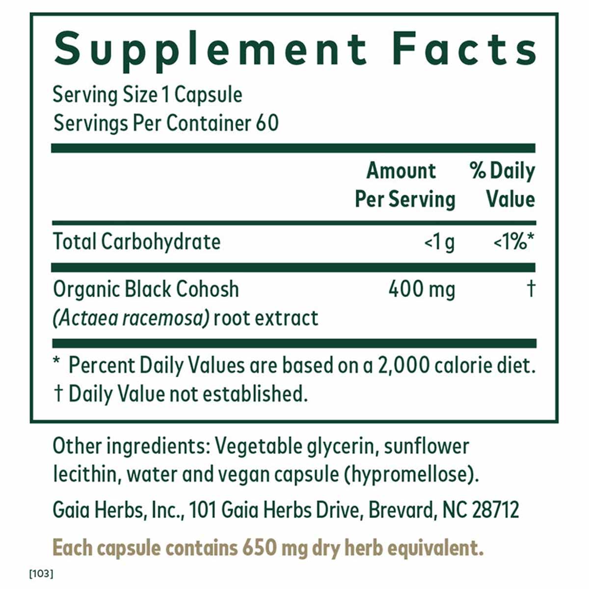 Supplement Facts label for Black Cohosh 60 Liquid Phyto Caps showing 400 mg organic extract per capsule serving.