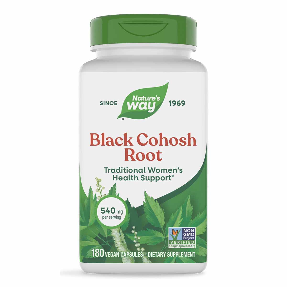 Nature's Way Black Cohosh Root supplement bottle with green cap, 180 vegan capsules, 540 mg per serving.