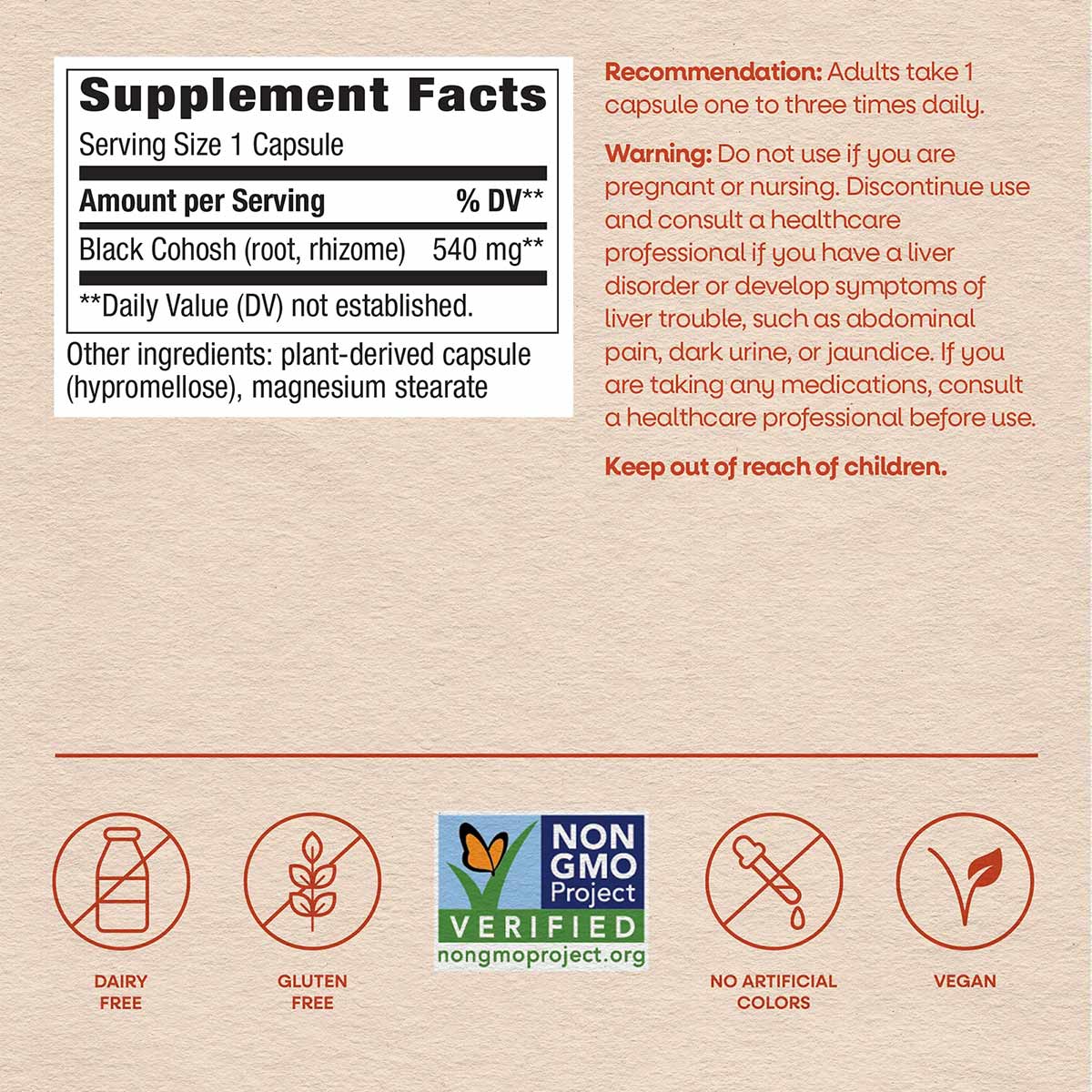 Black Cohosh Root supplement facts label showing 540 mg per capsule with ingredient and warning information.