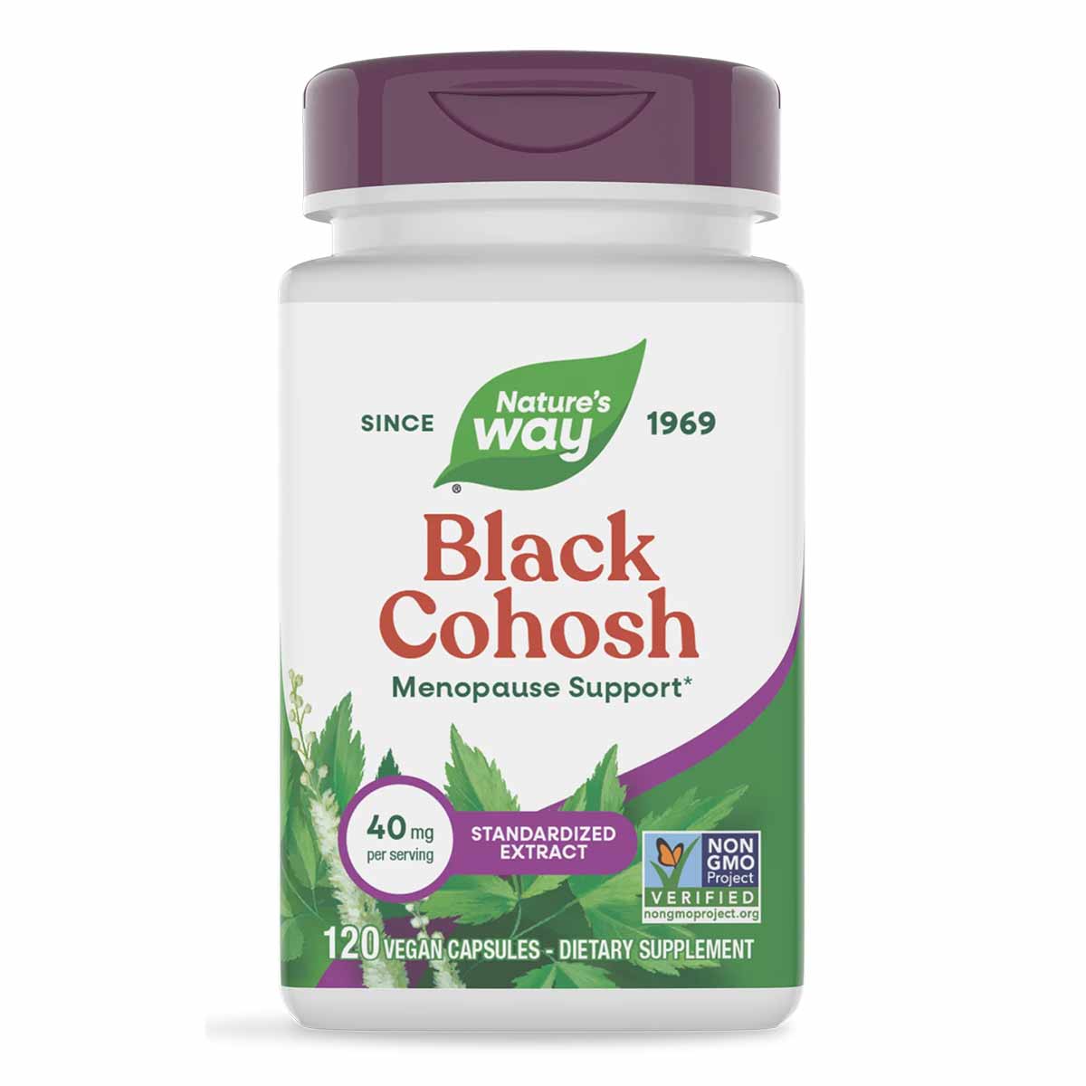 White bottle with purple cap containing Nature's Way Black Cohosh supplement, 120 vegan capsules, 40mg standardized extract p