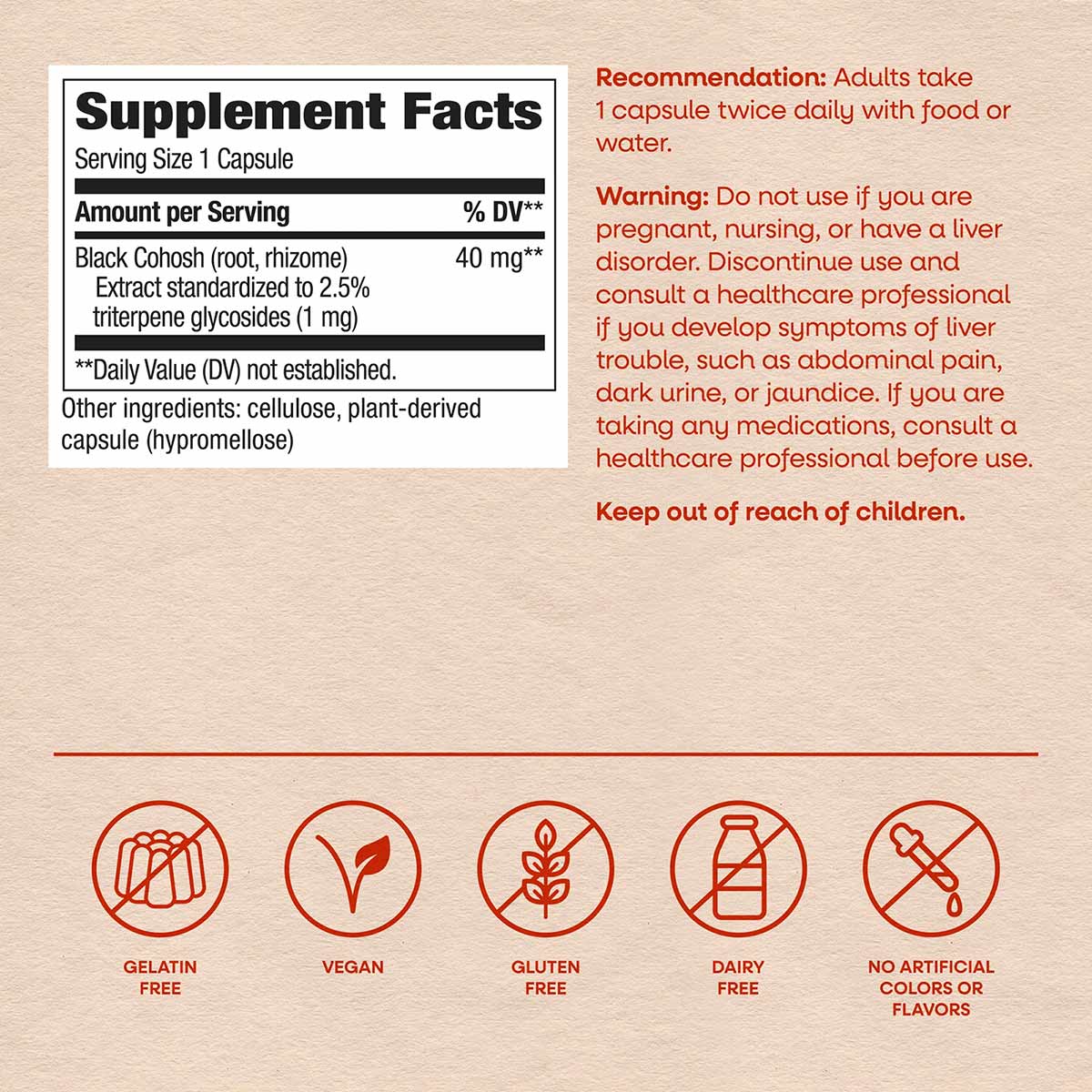 Black Cohosh supplement facts label showing 40 mg standardized extract per capsule with usage recommendations and warnings.