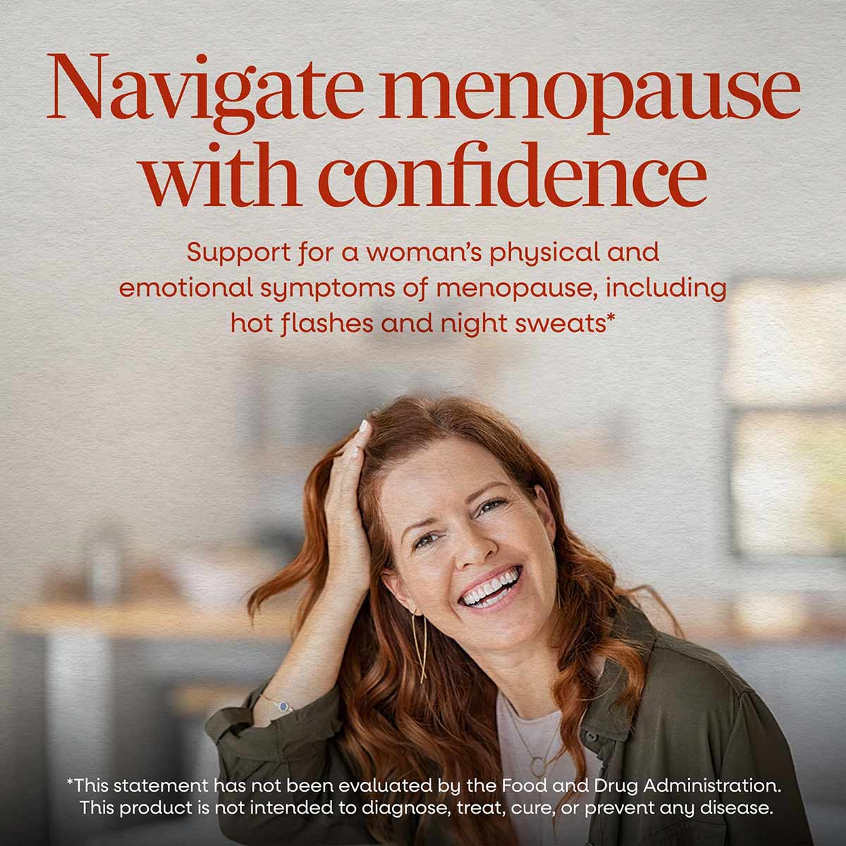 Black Cohosh Standardized supplement bottle packaging with text about menopause support and woman smiling in background.