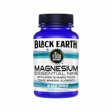Blue bottle of Black Earth Magnesium Essential Nine dietary supplement containing 30 vegan capsules.