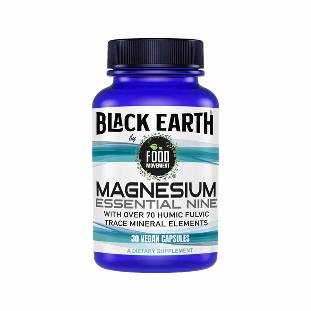 Blue bottle of Black Earth Magnesium Essential Nine dietary supplement containing 30 vegan capsules.