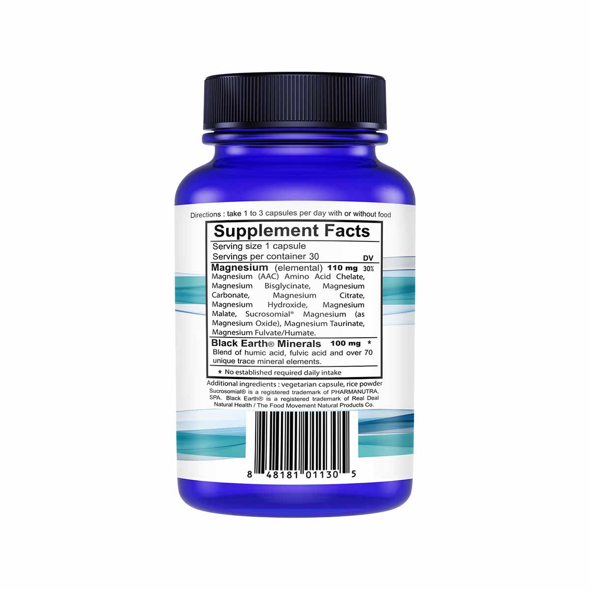 Blue glass bottle with black cap containing magnesium supplement capsules and Black Earth Minerals blend with label and barco