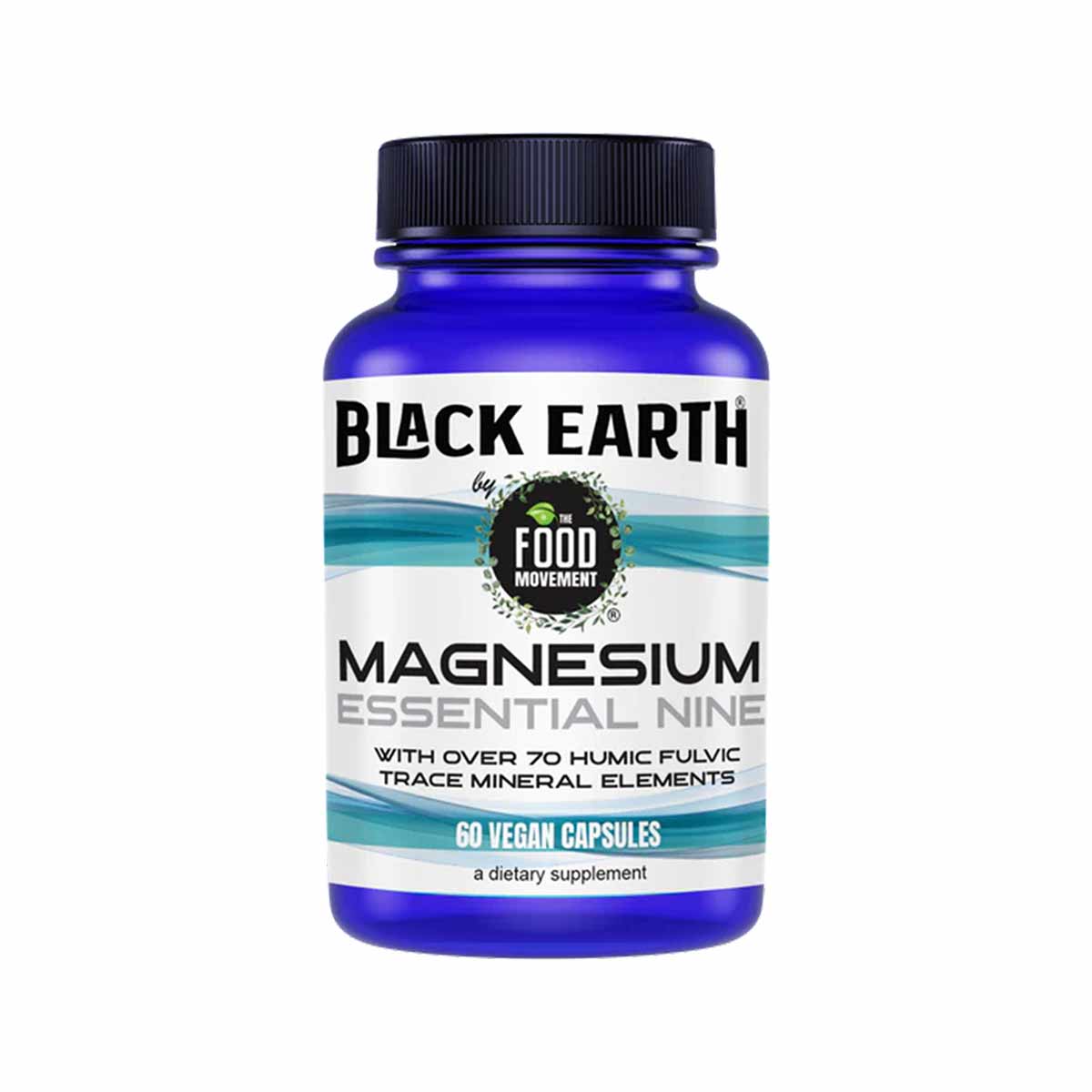 Blue glass bottle of Black Earth Magnesium Essential Nine dietary supplement with black cap and white label featuring turquoi