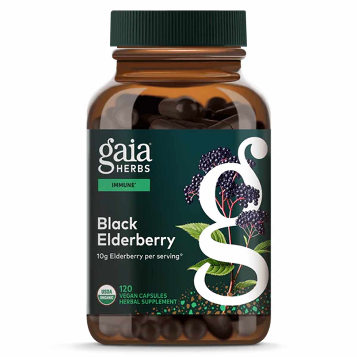 Gaia Herbs Black Elderberry supplement bottle with green cap containing 120 vegan capsules.