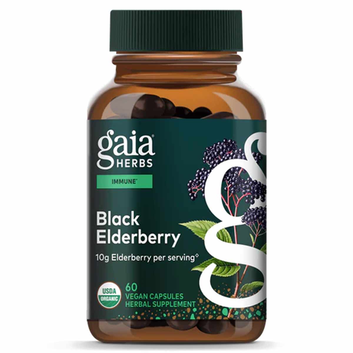 Gaia Herbs Black Elderberry supplement bottle with green cap containing 60 vegan capsules.