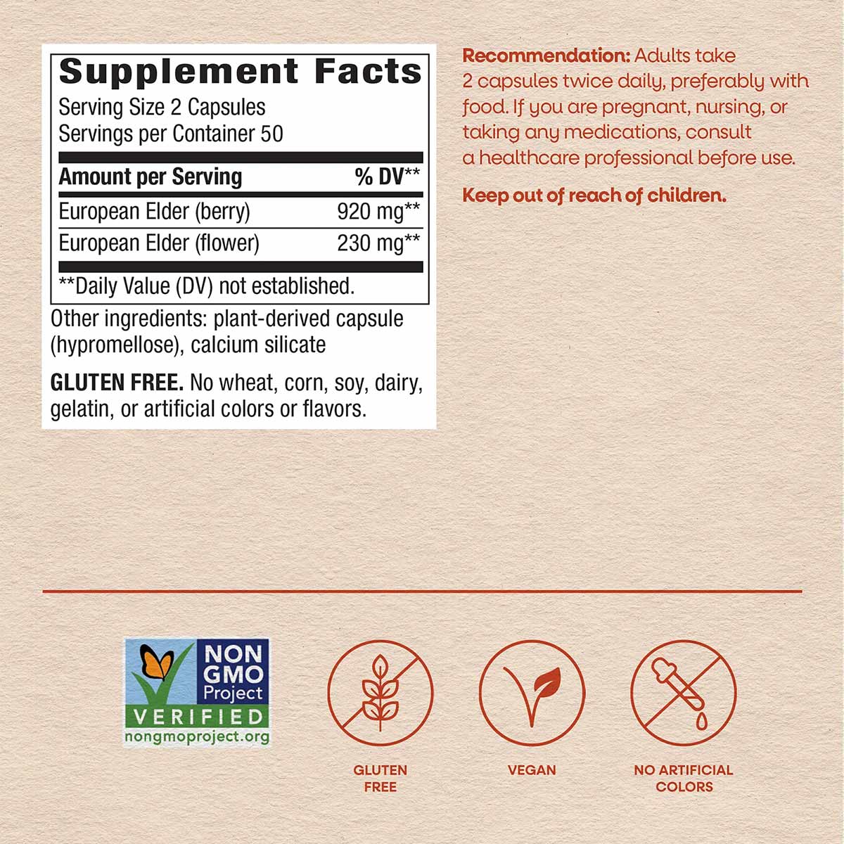 Black Elderberry supplement facts label showing 920mg European Elder berry and 230mg flower per serving in plant-derived caps