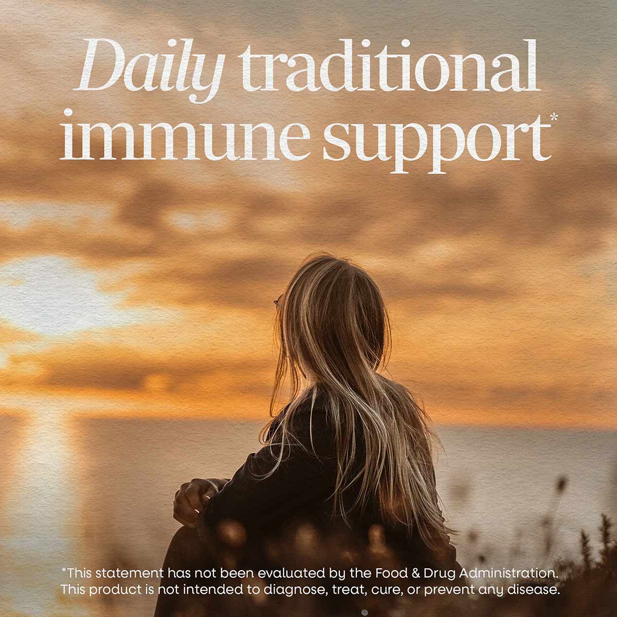 Woman with long brown hair viewed from behind against a sunset landscape with text overlay about immune support.