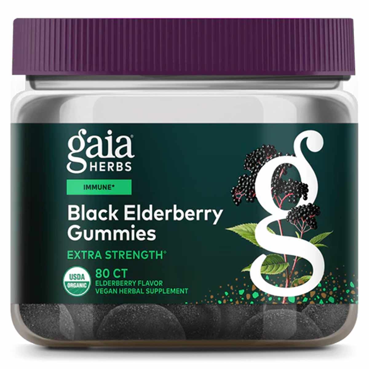 Bottle of black elderberry gummies by Gaia Herbs with purple cap, dark label, and 80 count, containing dark round gummies vis
