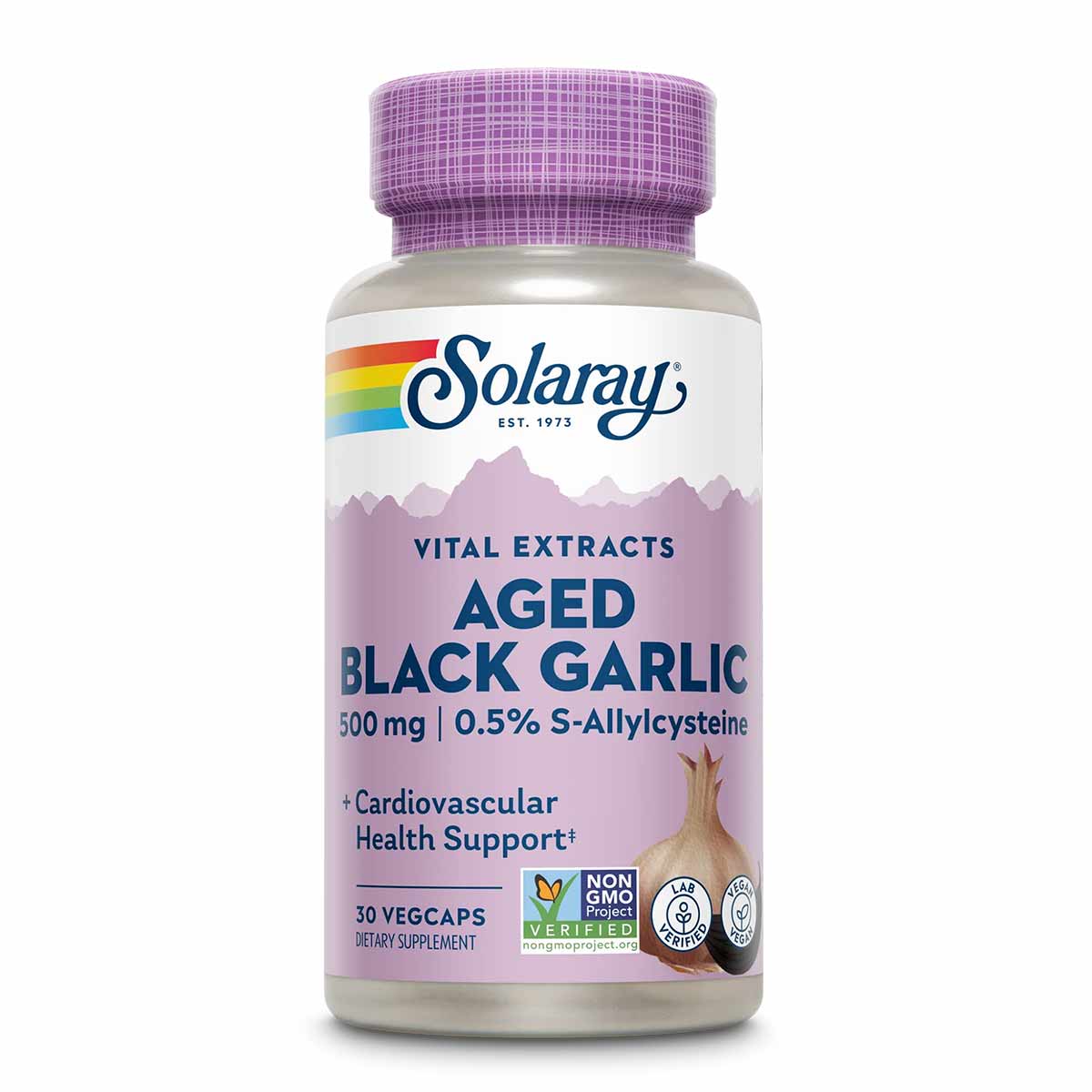Solaray Aged Black Garlic supplement bottle with purple cap and label, 500mg, 30 vegcaps.