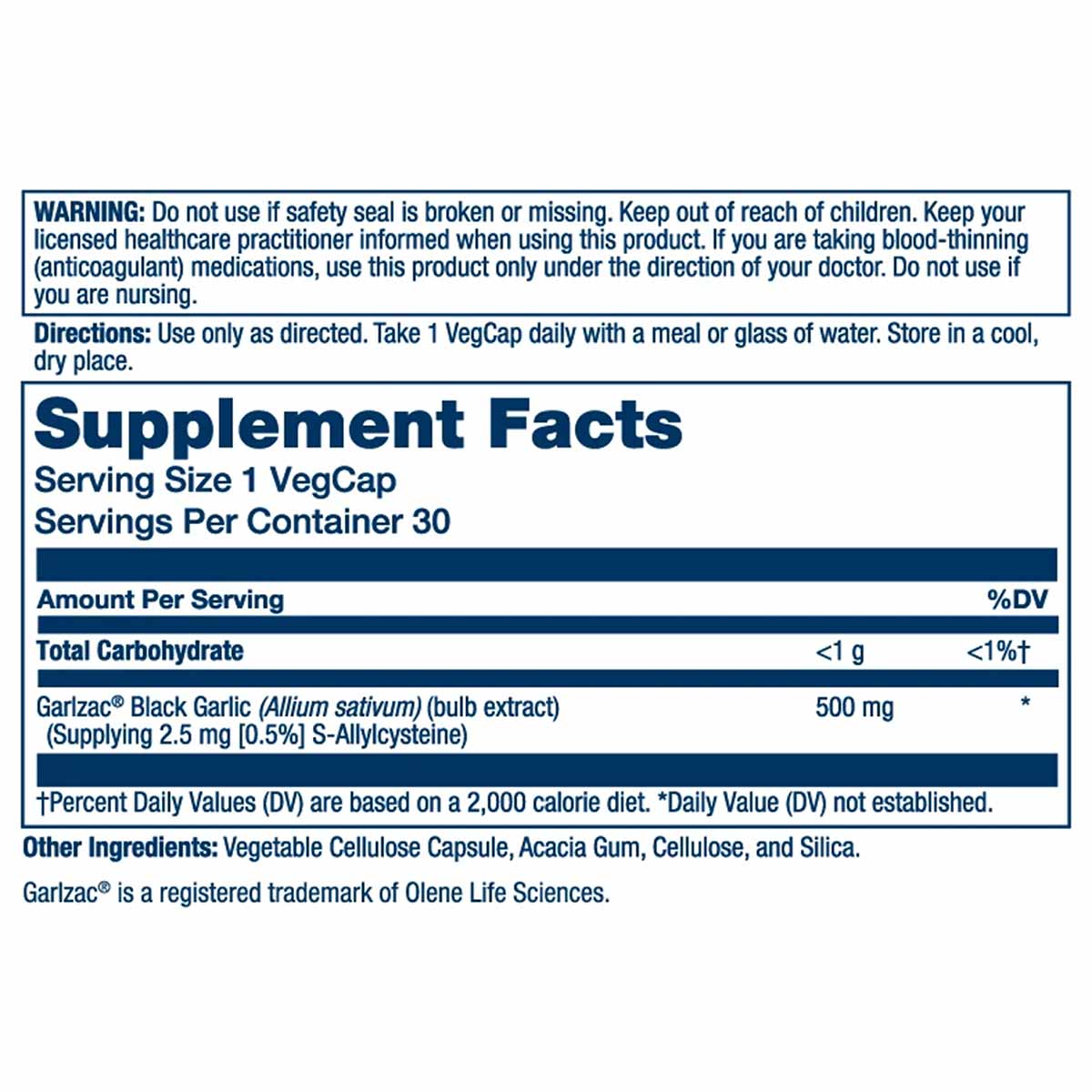 Solaray Aged Black Garlic Extract supplement facts label showing 500mg Garizac black garlic per vegcap serving.