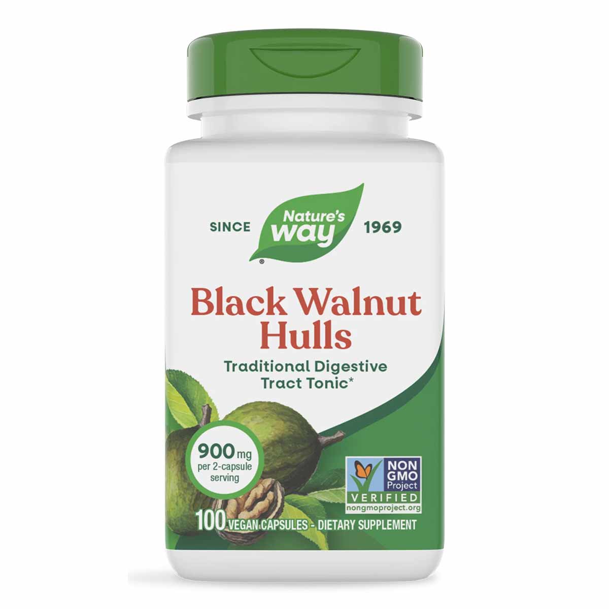 Nature's Way Black Walnut Hulls dietary supplement bottle with green cap containing 100 vegan capsules.