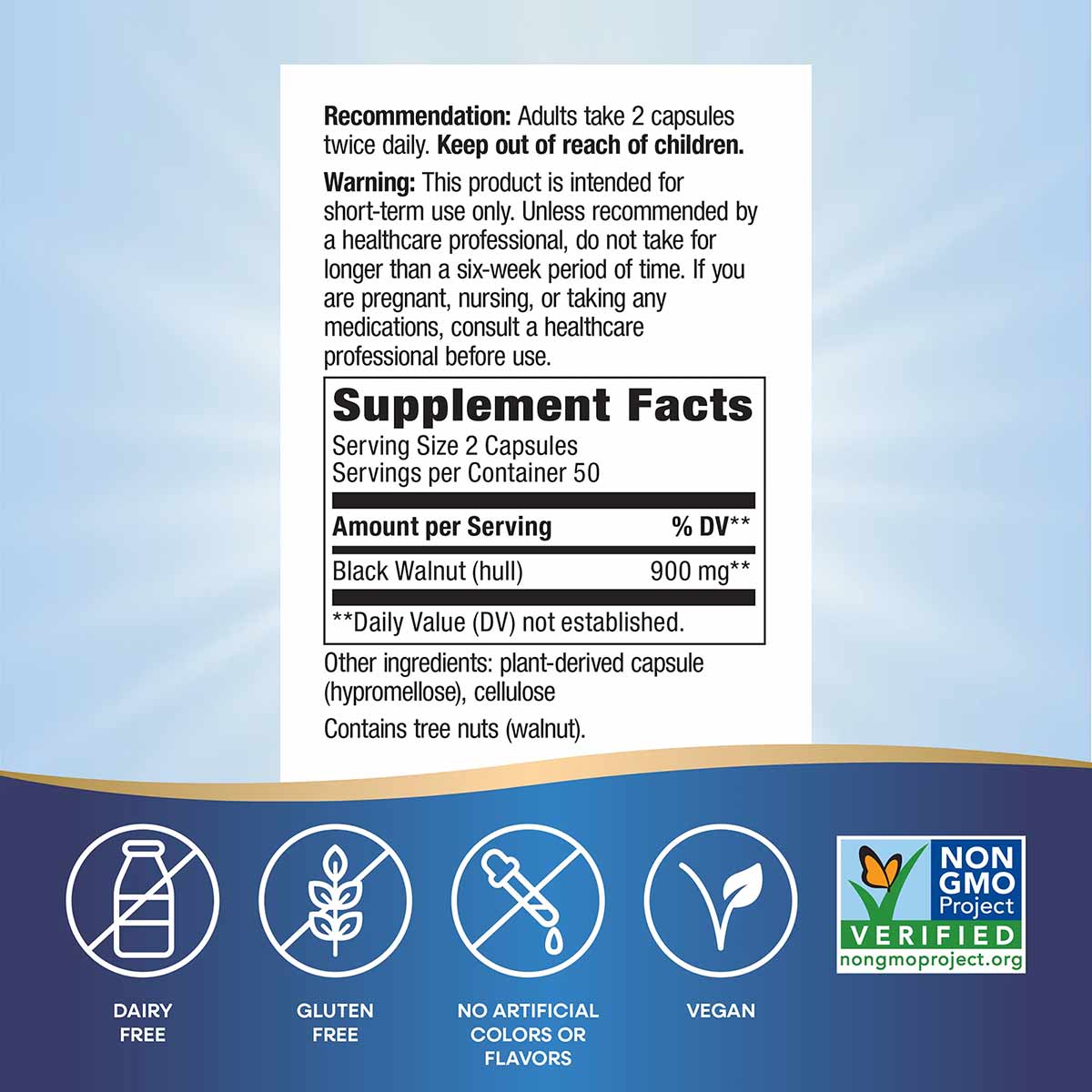 Supplement Facts label for Black Walnut Hulls capsules with usage recommendations and certification badges below.