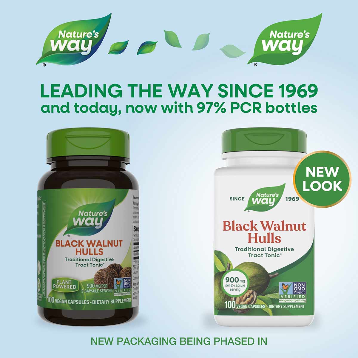 Two bottles of Nature's Way Black Walnut Hulls dietary supplement with green caps, showing old and new packaging designs.