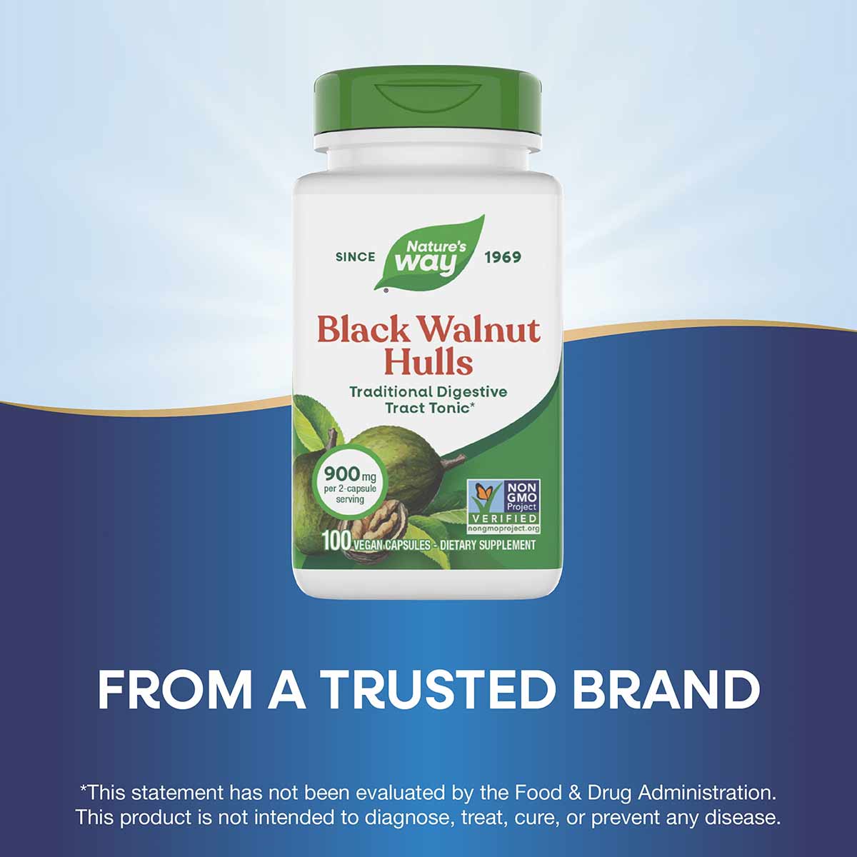 Nature's Way Black Walnut Hulls bottle with green cap, 100 vegan capsules, 900mg per serving.