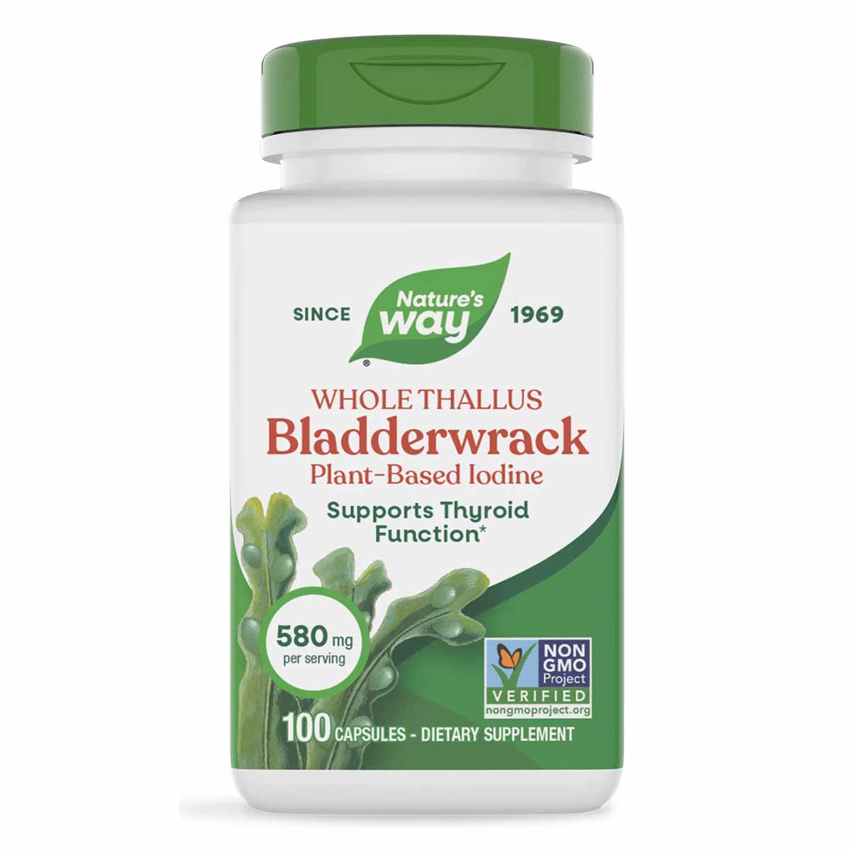 Nature's Way Bladderwrack supplement bottle with green cap, 100 capsules, 580 mg per serving, Non-GMO Project Verified.