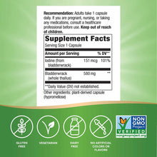 Supplement Facts label for Bladderwrack capsules showing dosage, iodine content, and ingredient information with certificatio