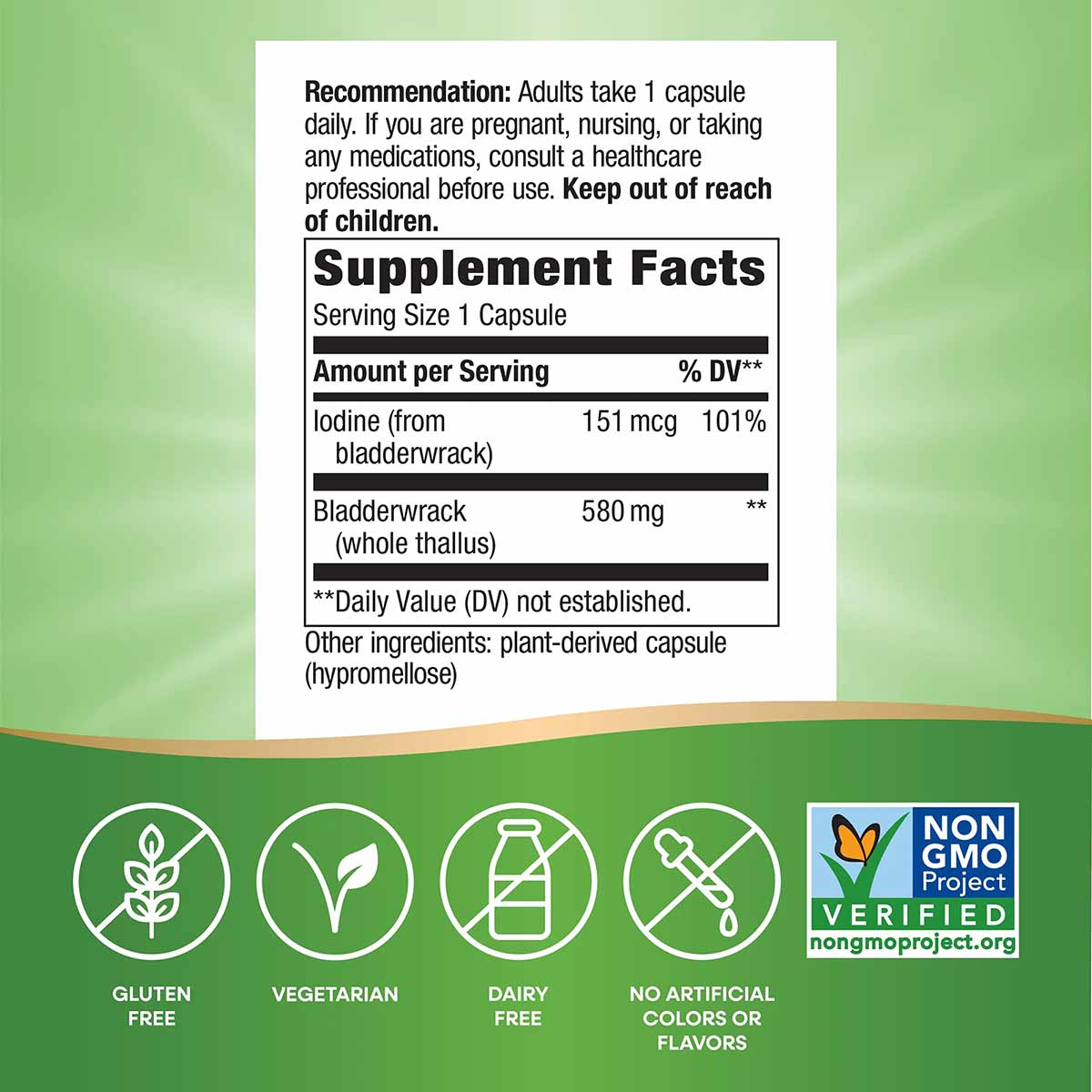 Supplement Facts label for Bladderwrack capsules showing dosage, iodine content, and ingredient information with certificatio