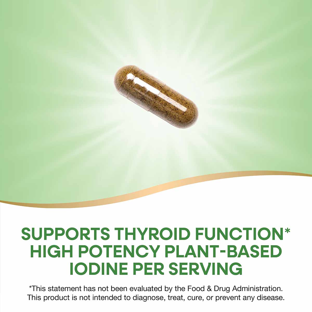 Brown capsule supplement on green gradient background with radiating light effect.