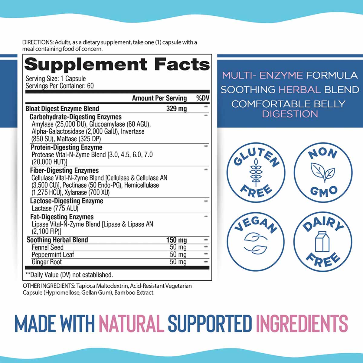Bloat Digest supplement label showing multi-enzyme formula with carbohydrate, protein, fiber, fat-digesting enzymes and herba