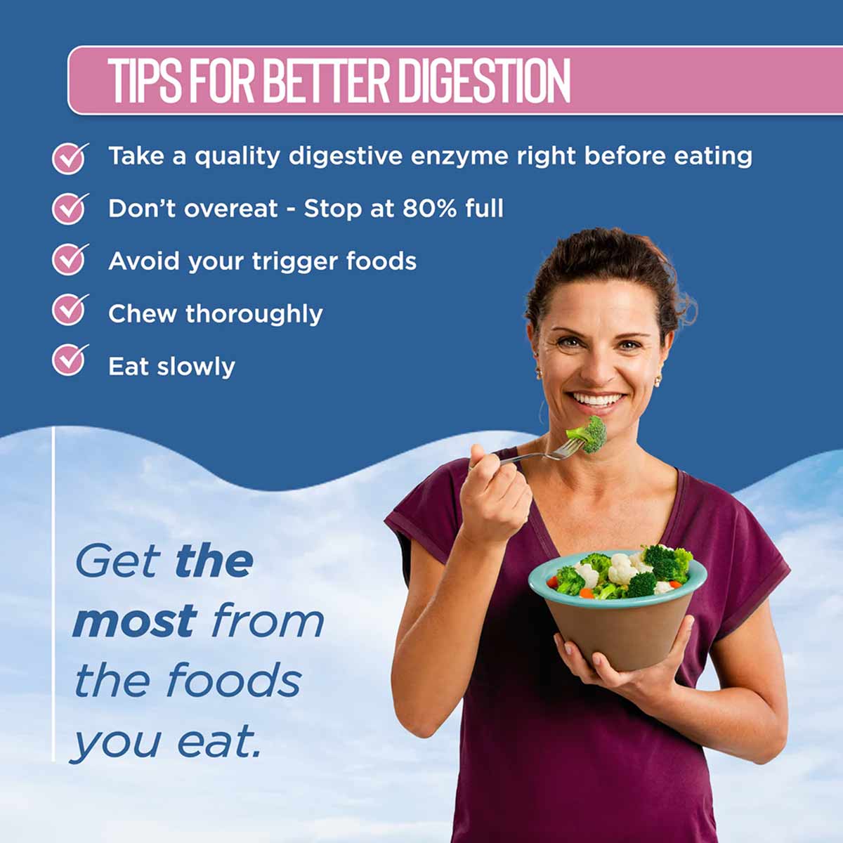 Woman in purple shirt holding bowl of vegetables with digestion tips displayed on blue background.