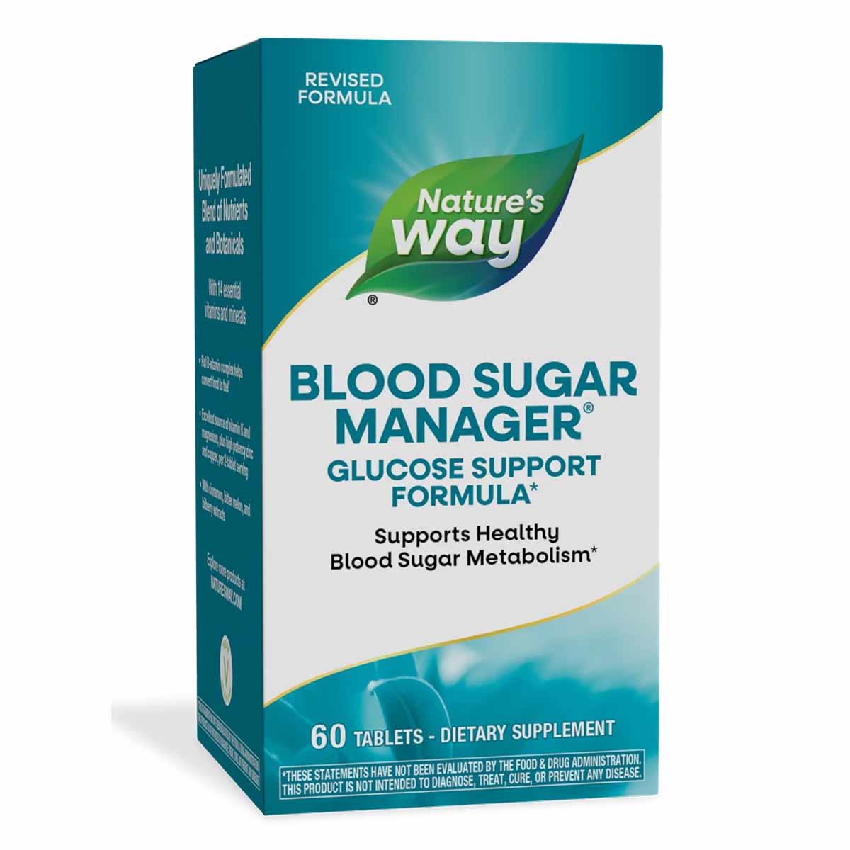 Nature's Way Blood Sugar Manager dietary supplement bottle with revised formula, 60 tablets.