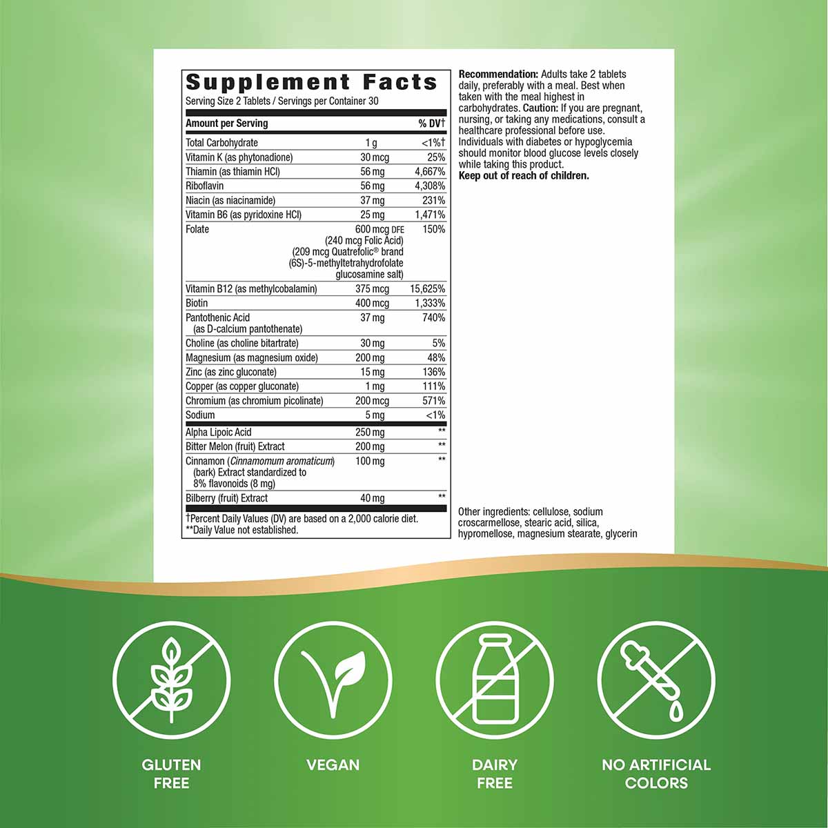 Supplement facts label for Blood Sugar Manager tablets listing ingredients and daily values, with certification icons for glu