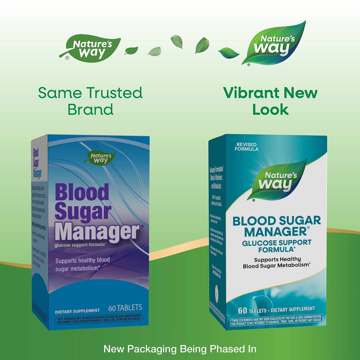 Comparison of Nature's Way Blood Sugar Manager old and new packaging designs, each containing 60 tablets.