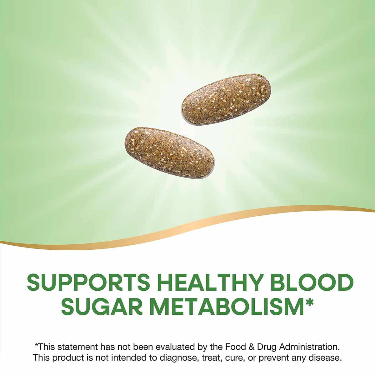 Two brown oval capsules on a green and white background with radiating light effect.