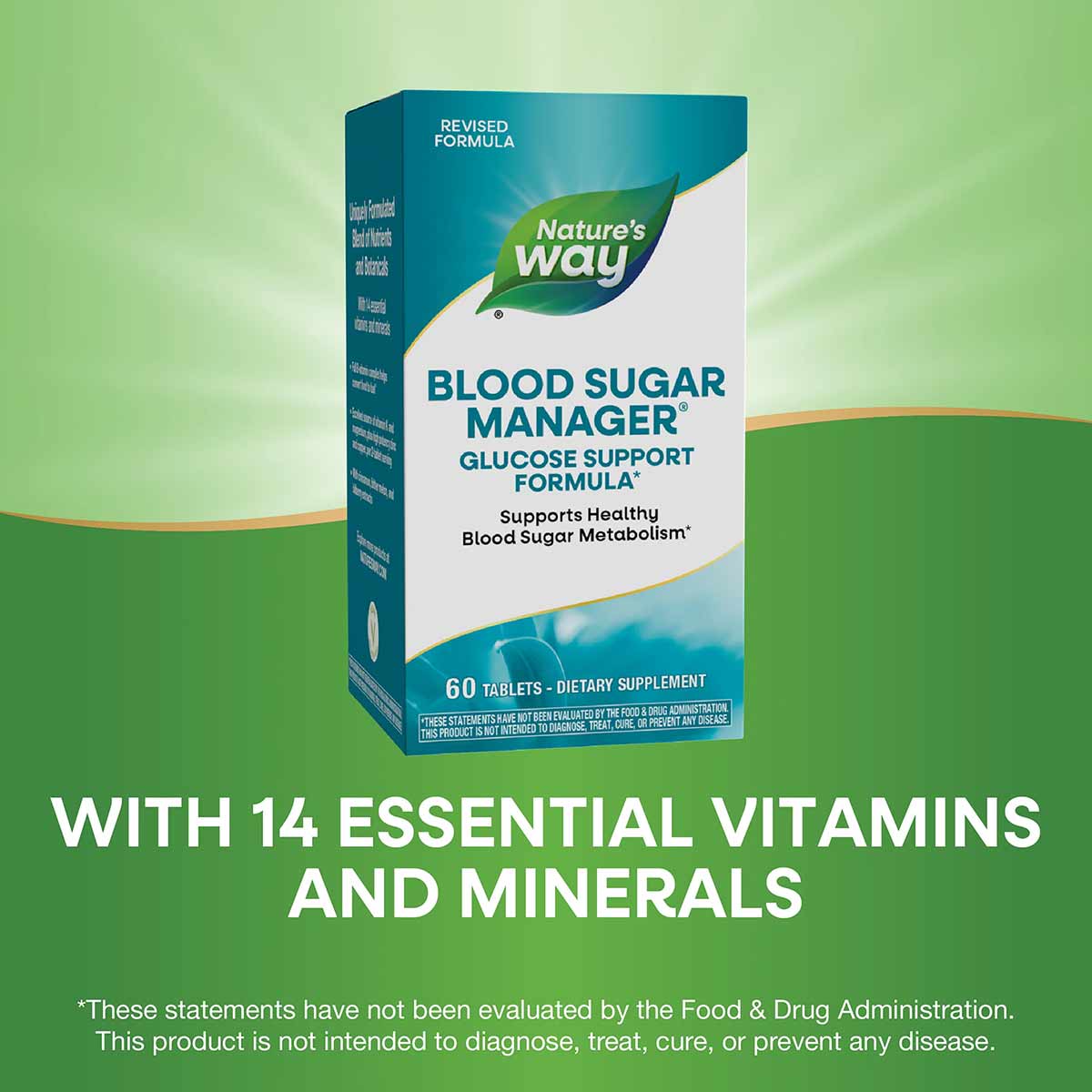 Nature's Way Blood Sugar Manager bottle with teal and white packaging labeled "Glucose Support Formula," containing 60 tablet