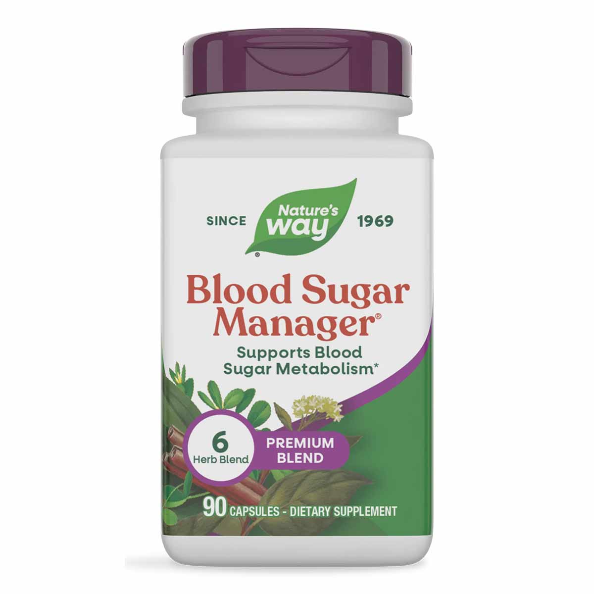 Nature's Way Blood Sugar Manager dietary supplement bottle with purple cap containing 90 capsules.