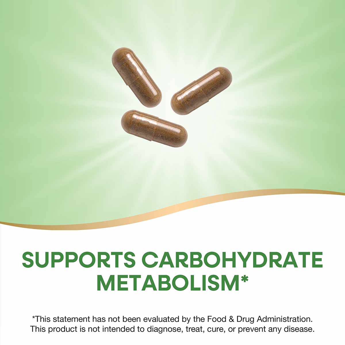 Three brown capsules on a light green background with text stating "Supports Carbohydrate Metabolism."