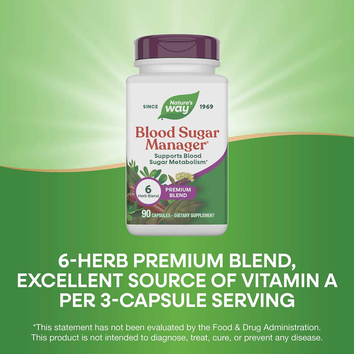 White and purple bottle of Nature's Way Blood Sugar Manager dietary supplement with 90 capsules.