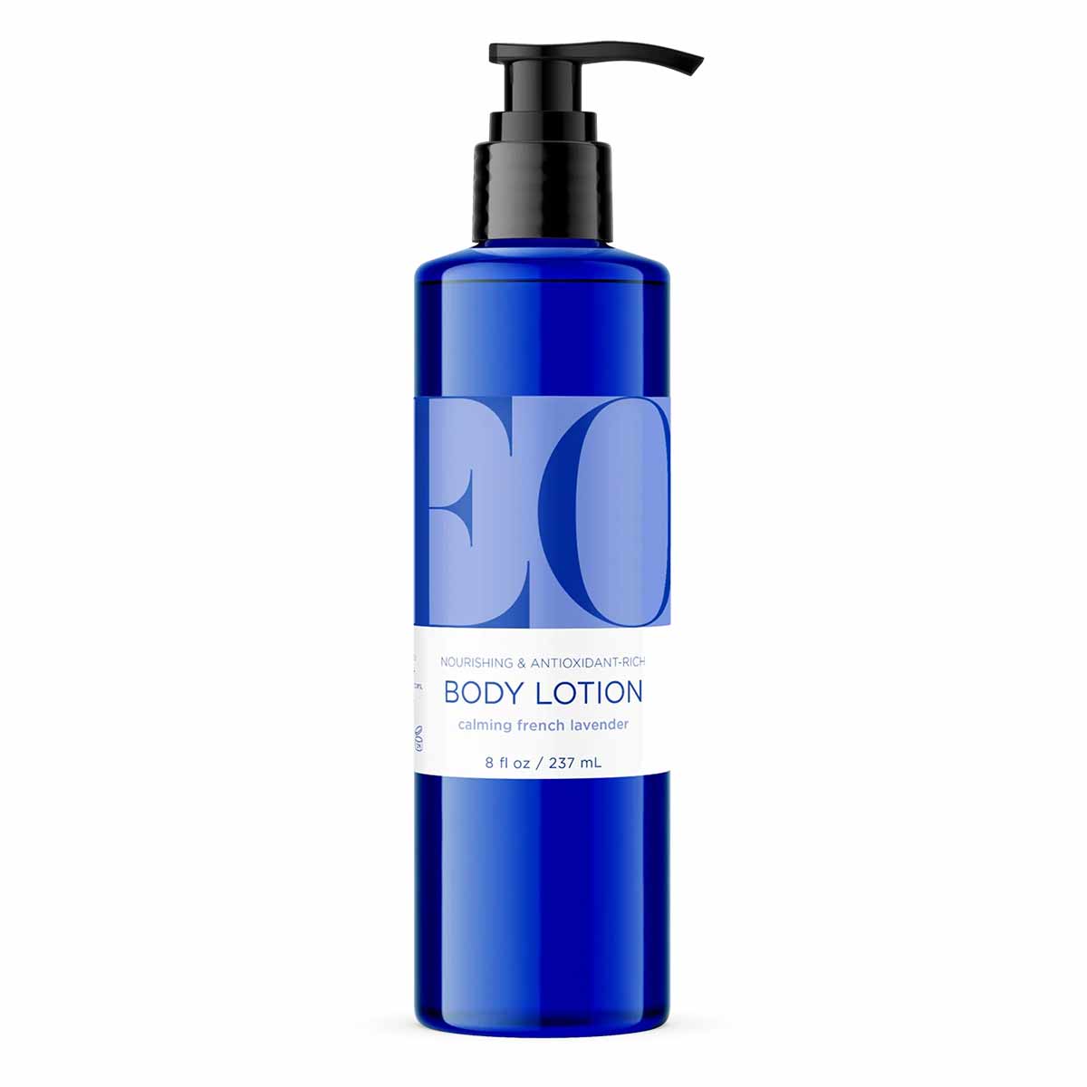 Blue pump bottle of EO Products body lotion in calming French lavender scent, 8 fl oz.