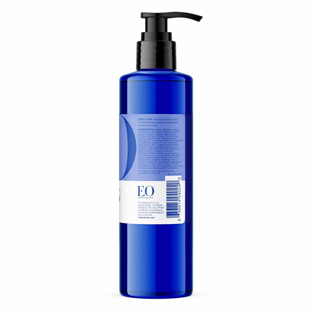 Blue bottle of EO Products body lotion with black pump dispenser and white label on front.