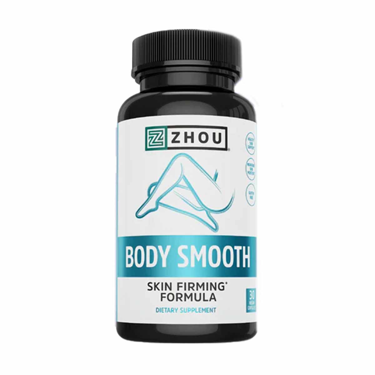 Black and white Zhou Nutrition Body Smooth dietary supplement bottle with teal label and leg illustration on white background