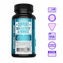 Black supplement bottle with teal label showing "Support Skin Elasticity & Firmness" text and certification badges on right s