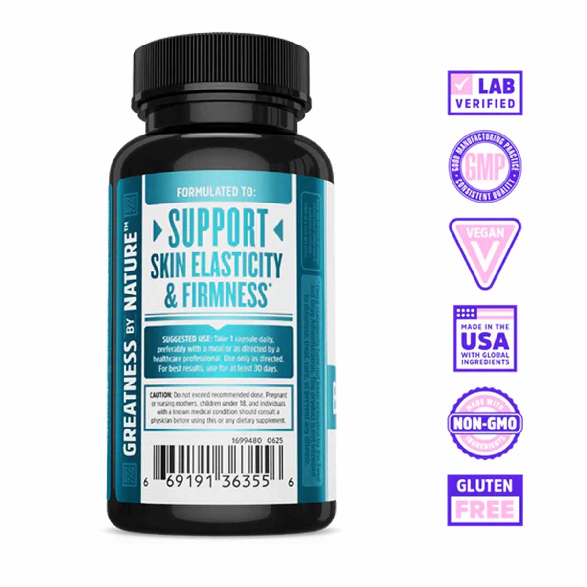Black supplement bottle with teal label showing "Support Skin Elasticity & Firmness" text and certification badges on right s