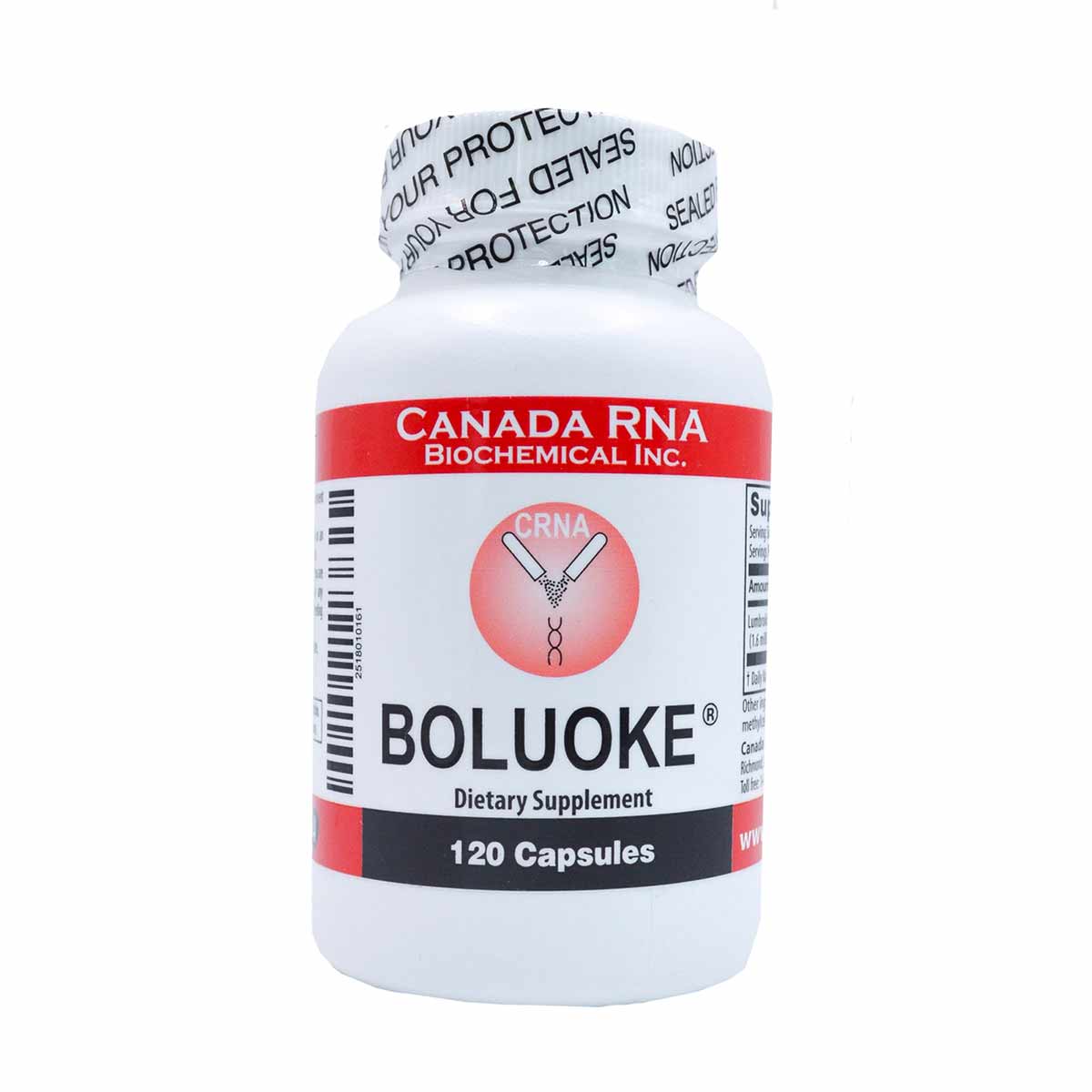 White bottle of Boluoke dietary supplement by Canada RNA Biochemical containing 120 capsules with red and black label.